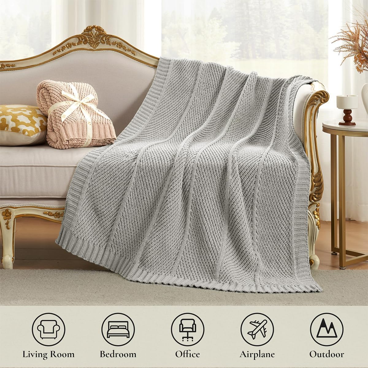 Amélie Home Chenille Knit Throw Blanket for Couch, Chevron Texture Decorative Soft Blanket for