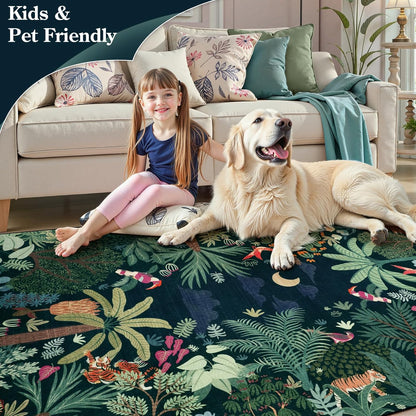 LIVEBOX Washable Jungle Dark Green Rugs 9x12 for Living Room, Stain Resistant Soft Kids Area Rugs