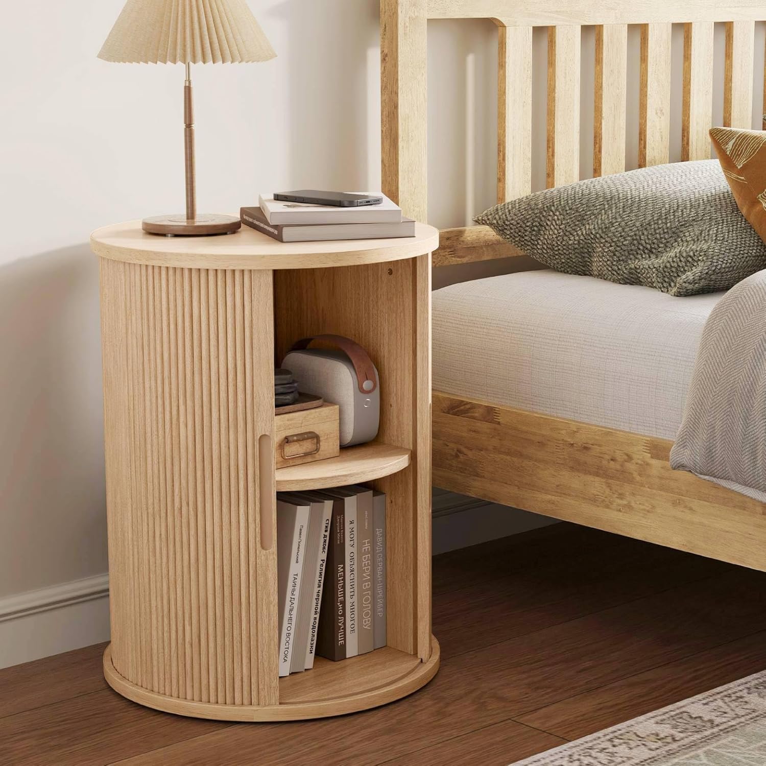 LINSY HOME Round Fluted End Table, Tall Side Table with Sliding Tambour Door and Storage Shelf