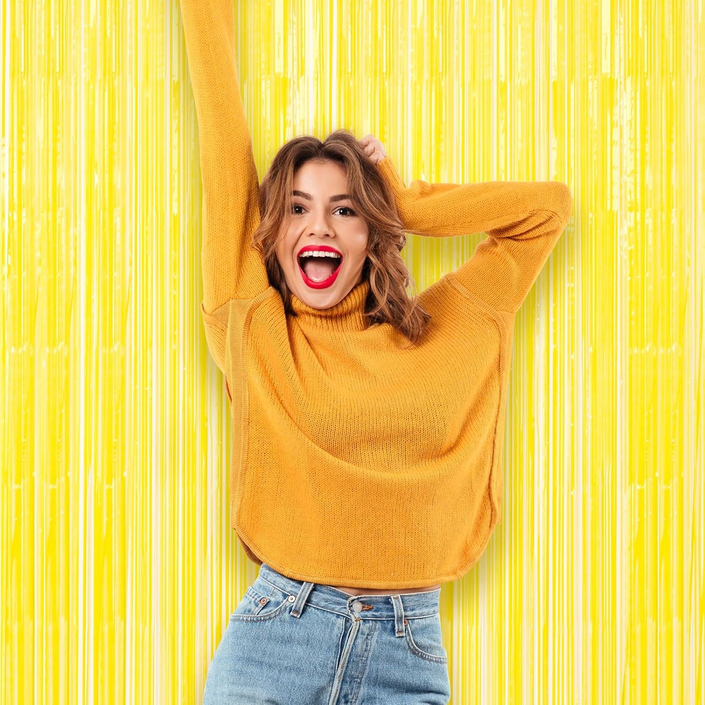 3 Pack 3.3 x 8.2 ft Pastel Yellow Foil Fringe Backdrop Curtains, Tinsel Streamers Birthday Party