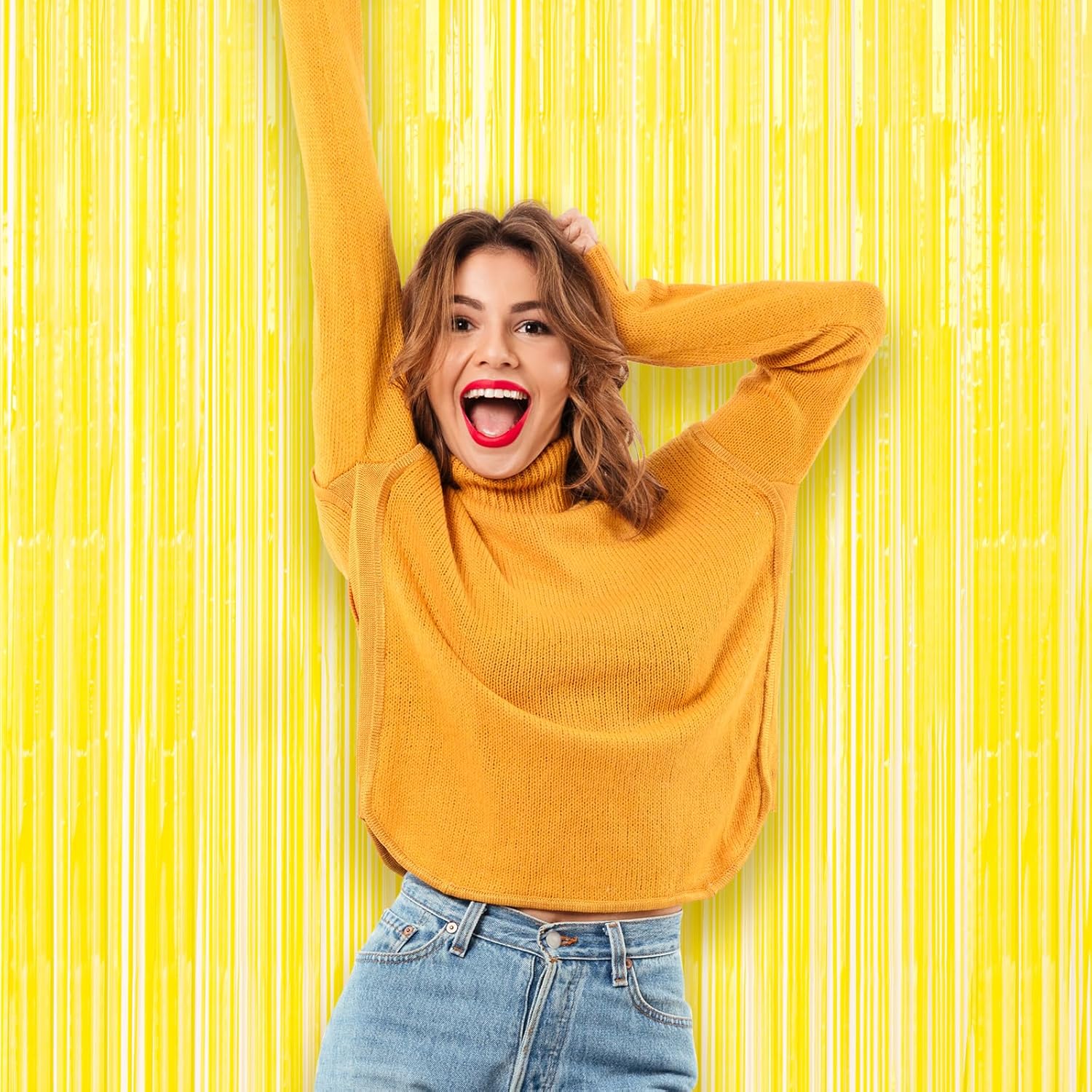 3 Pack 3.3 x 8.2 ft Pastel Yellow Foil Fringe Backdrop Curtains, Tinsel Streamers Birthday Party