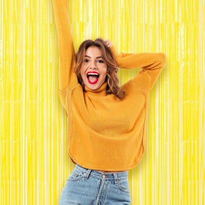 3 Pack 3.3 x 8.2 ft Pastel Yellow Foil Fringe Backdrop Curtains, Tinsel Streamers Birthday Party