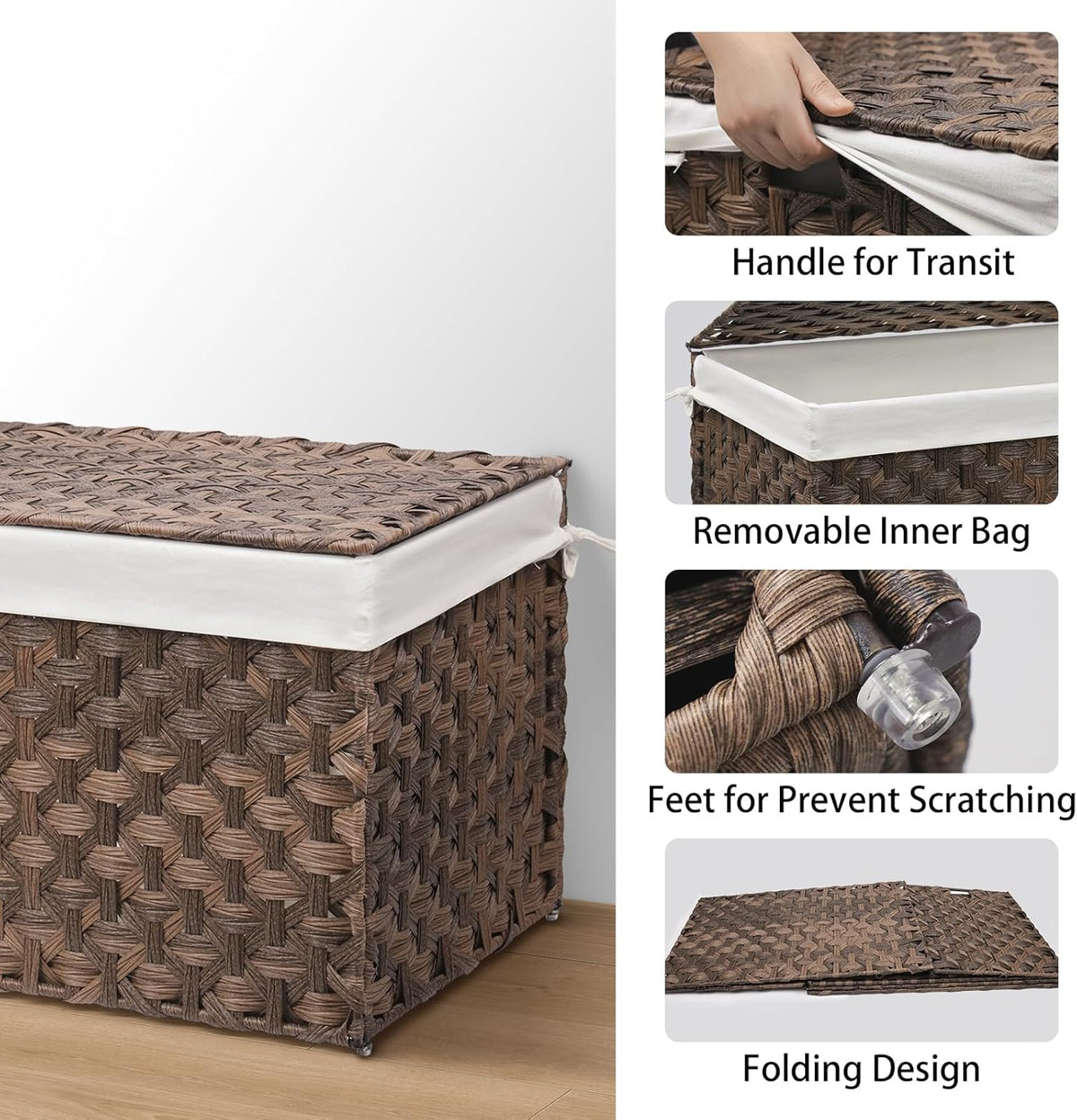 Wicker Storage Basket with Lid, 42.3 Gallon (160L) Large Blanket Basket with Lid, Woven Storage Bin