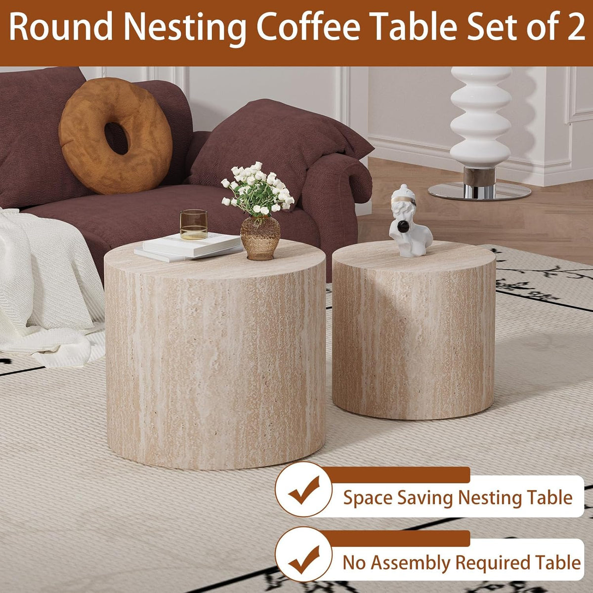 Travertine Round Nesting Coffee Tables 2 Piece Set - Contemporary Design, Round Drum Nesting Side