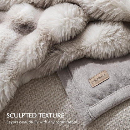 EVERGRACE Ultra Soft Luxury Fluffy Ridgeline Faux Rabbit Fur Throw Blanket, Thick Warm Bubble Throw