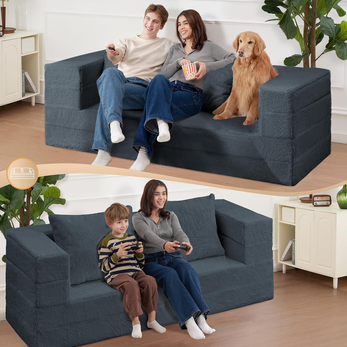 Folding Bean Bag Chair for Adults,3-in-1 Bean Bag Couch Faux Fur Floor Sofa Large Beanbag