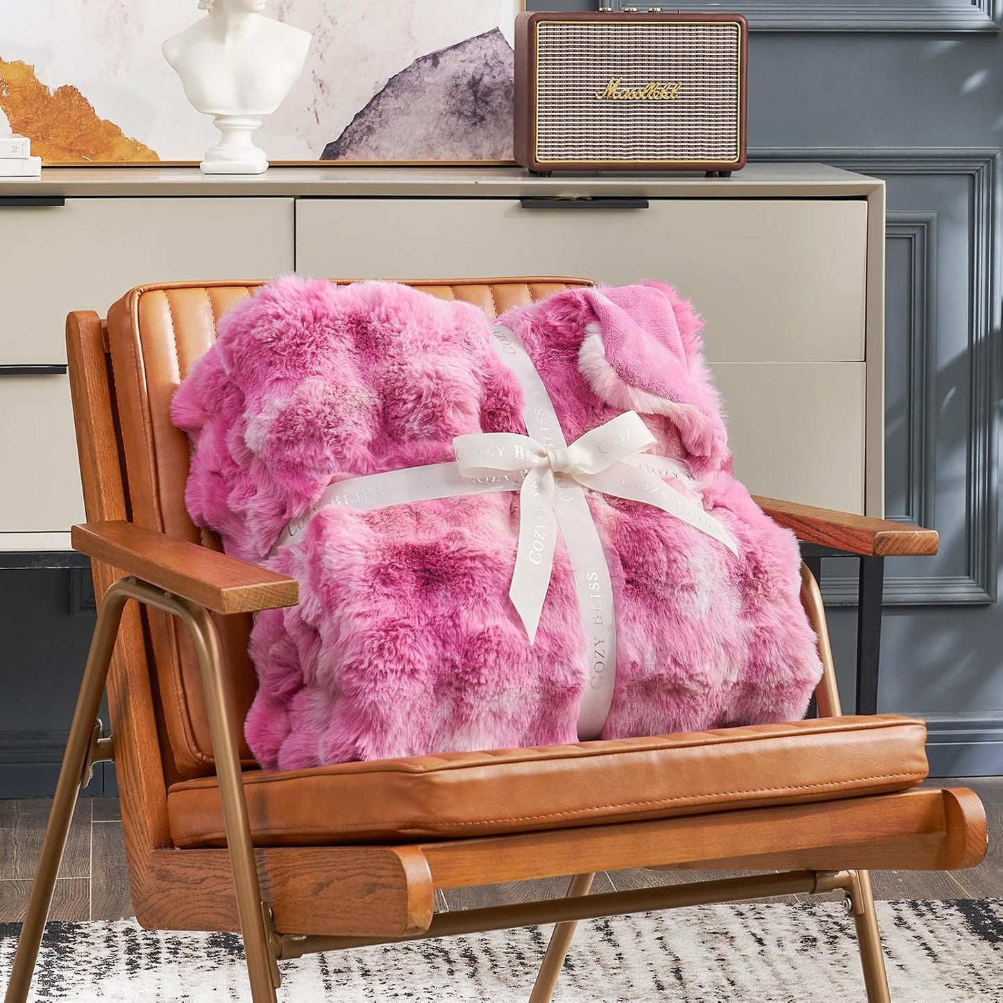 Cozy Bliss Faux Fur Throw Blanket for Couch, Fuzzy Soft Plush Thick Bubble Blanket for Sofa Bedroom