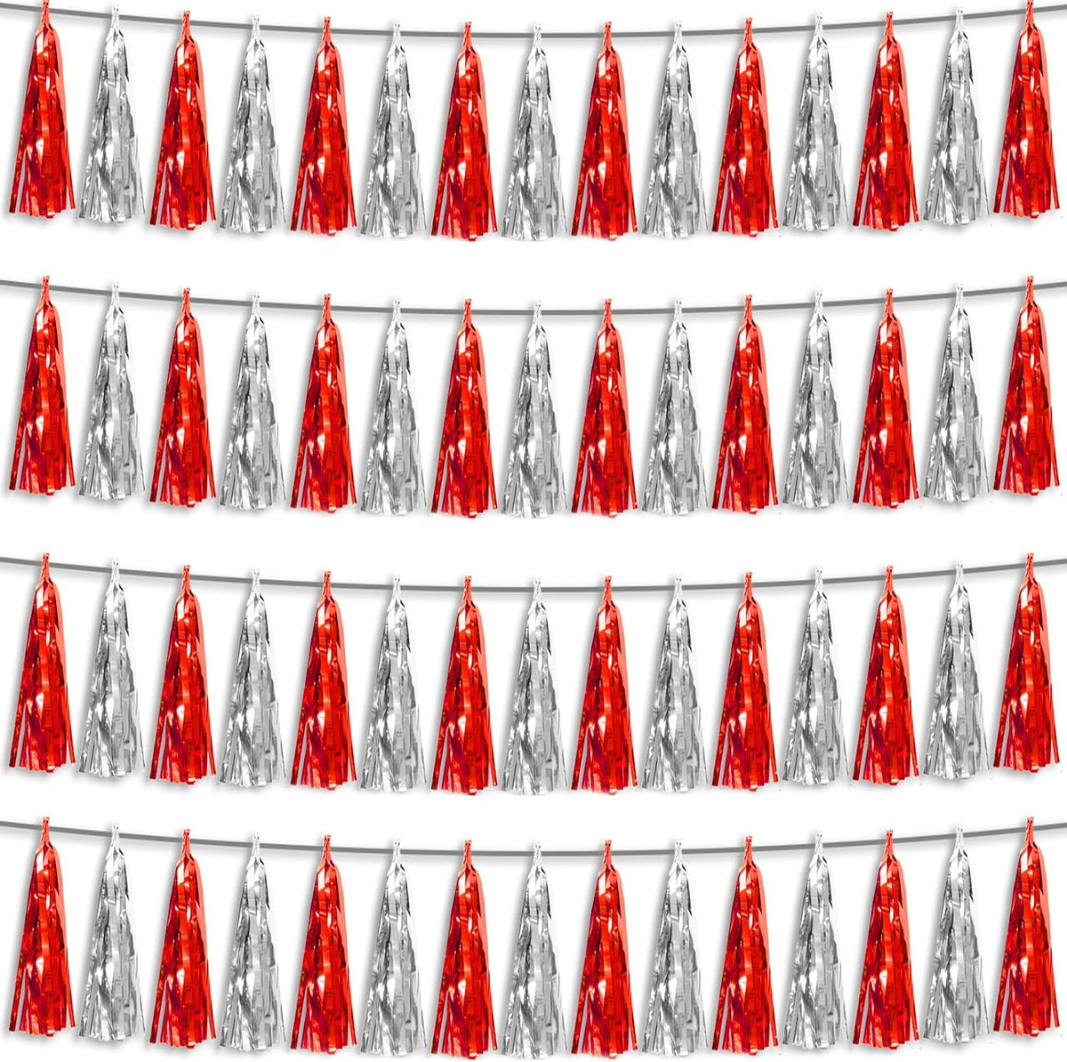 4P Red Silver Foil Fringe Metallic Tassel Streamers Banner Tassel Garland for Parade Floats