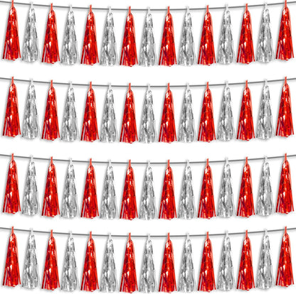4P Red Silver Foil Fringe Metallic Tassel Streamers Banner Tassel Garland for Parade Floats