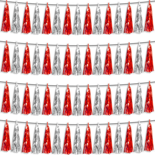 4P Red Silver Foil Fringe Metallic Tassel Streamers Banner Tassel Garland for Parade Floats