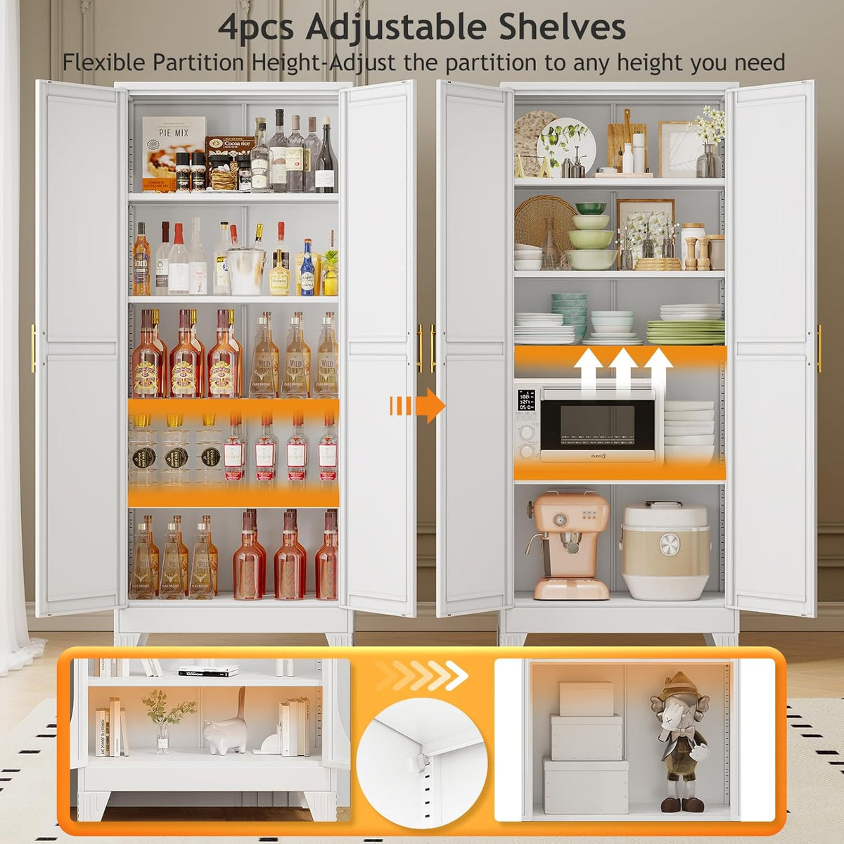 71" Tall Metal Pantry Storage Cabinet with Doors and 4 Adjustable Shelves, White Kitchen Food