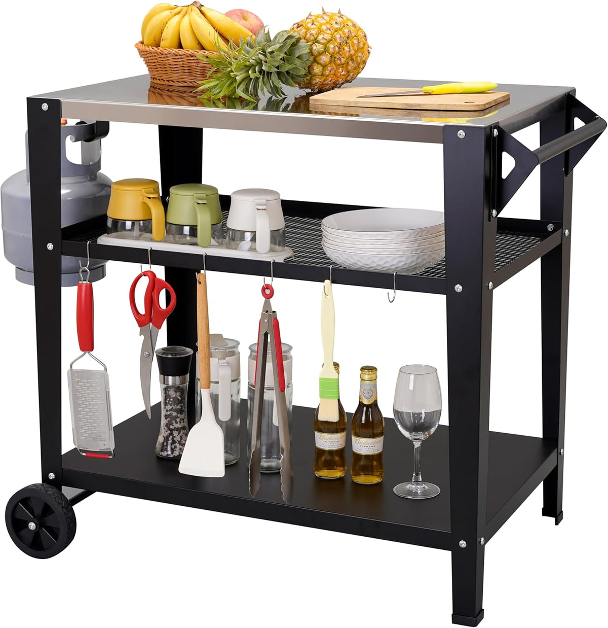 Stainless Steel Outdoor Grill Cart with Wheels, Heavy-Duty 3-Tier BBQ Prep Table for Pizza Oven