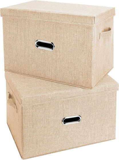 Large Linen Fabric Foldable Storage Bins with Removable Lid and Handles, Washable Storage Box