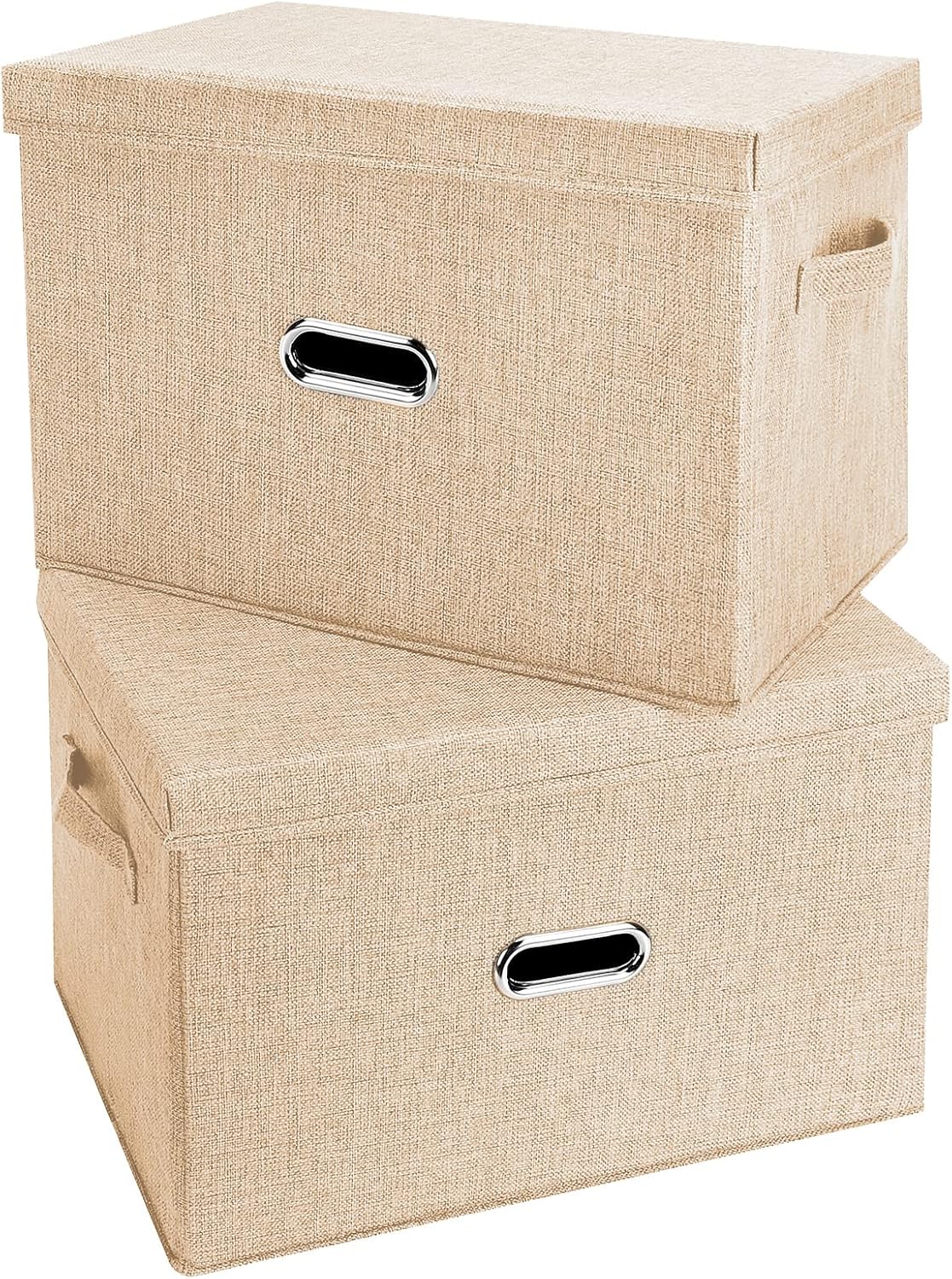 Large Linen Fabric Foldable Storage Bins with Removable Lid and Handles, Washable Storage Box