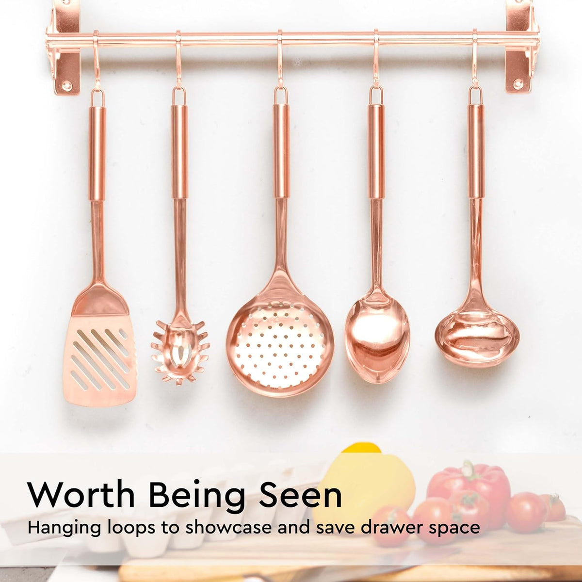 Copper Cooking Utensils Set – 5-Piece Rose Gold Stainless Steel Kitchen Tools for Cooking and