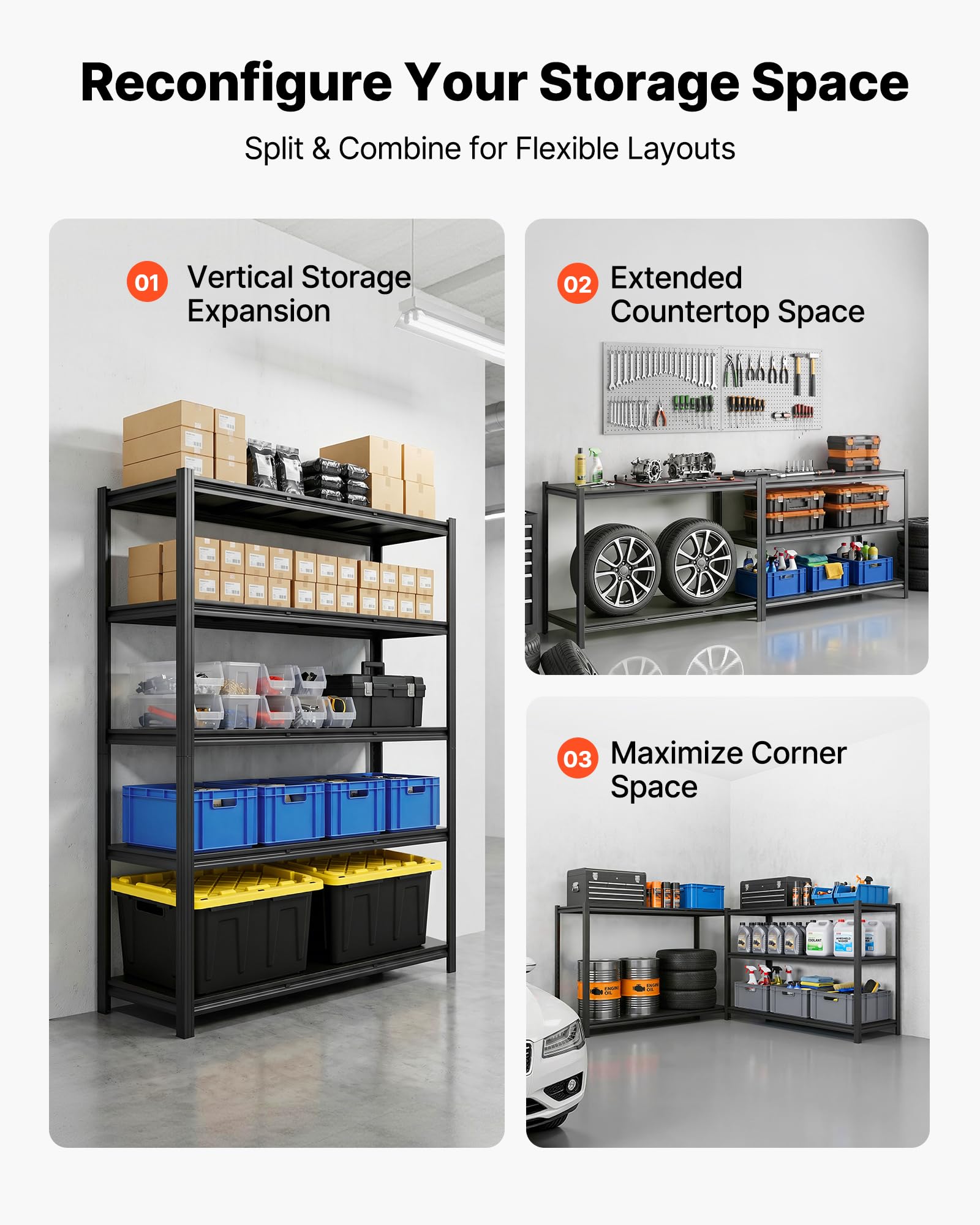 VEVOR Garage Shelving, 5-Tier Adjustable Storage Shelves, 3000 lbs Heavy Duty Garage Shelves, Metal