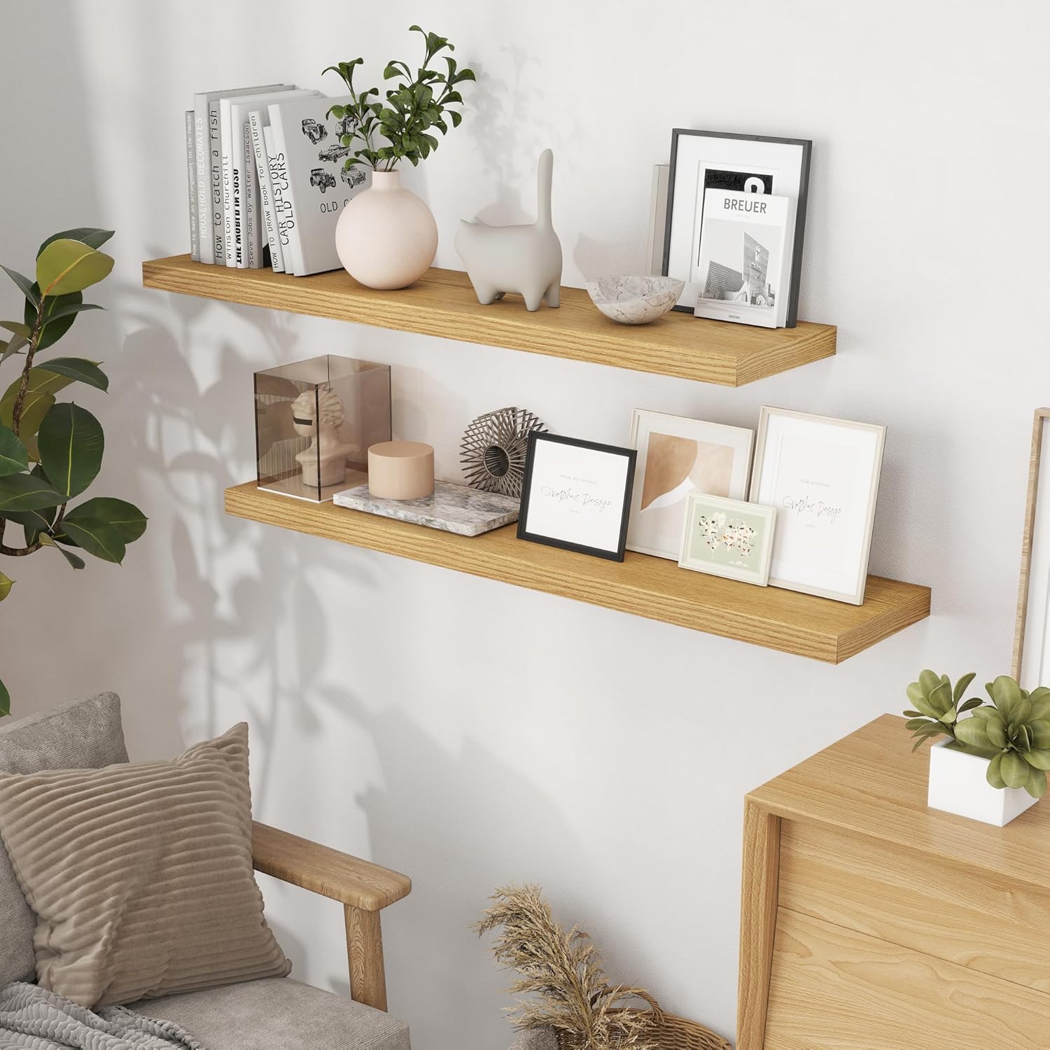 48 Inch Floating Shelves Set of 2, Rustic 48 x 9 Floating Shelf for Wall, 9 Inch Deep Bookshef