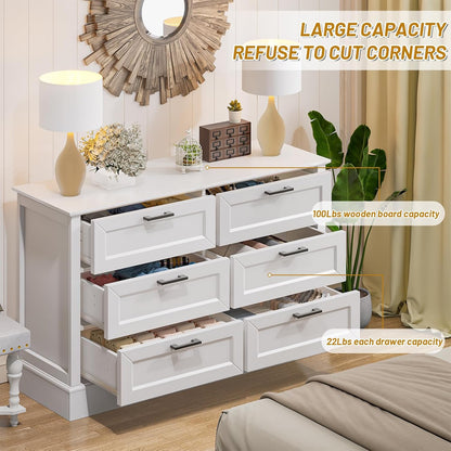 White Dresser for Bedroom with 6 Drawer, Bedroom Furniture Organizer Storage, Wood Double Dresser &