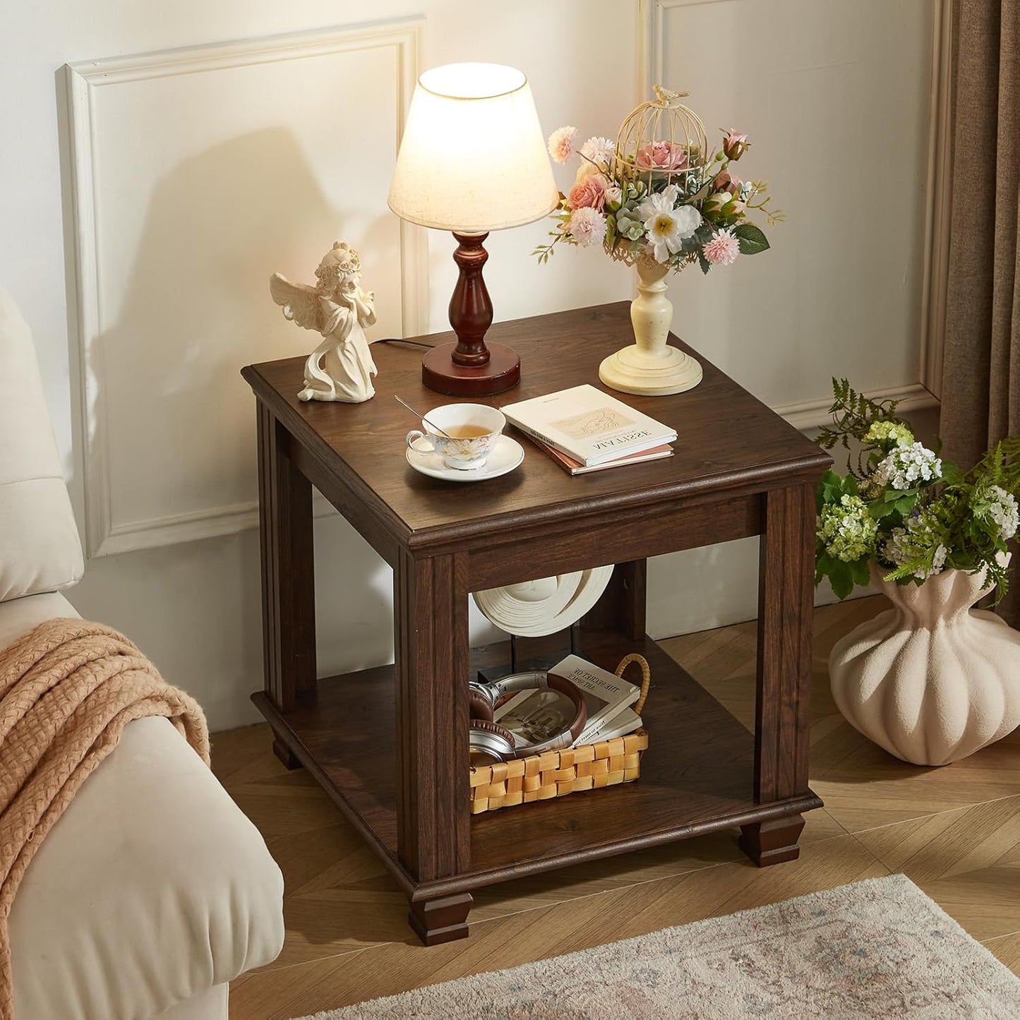 Farmhouse End Table,Large Side Table with 2-Tier Storage Shelf,Rustic Brown End Tables for Living