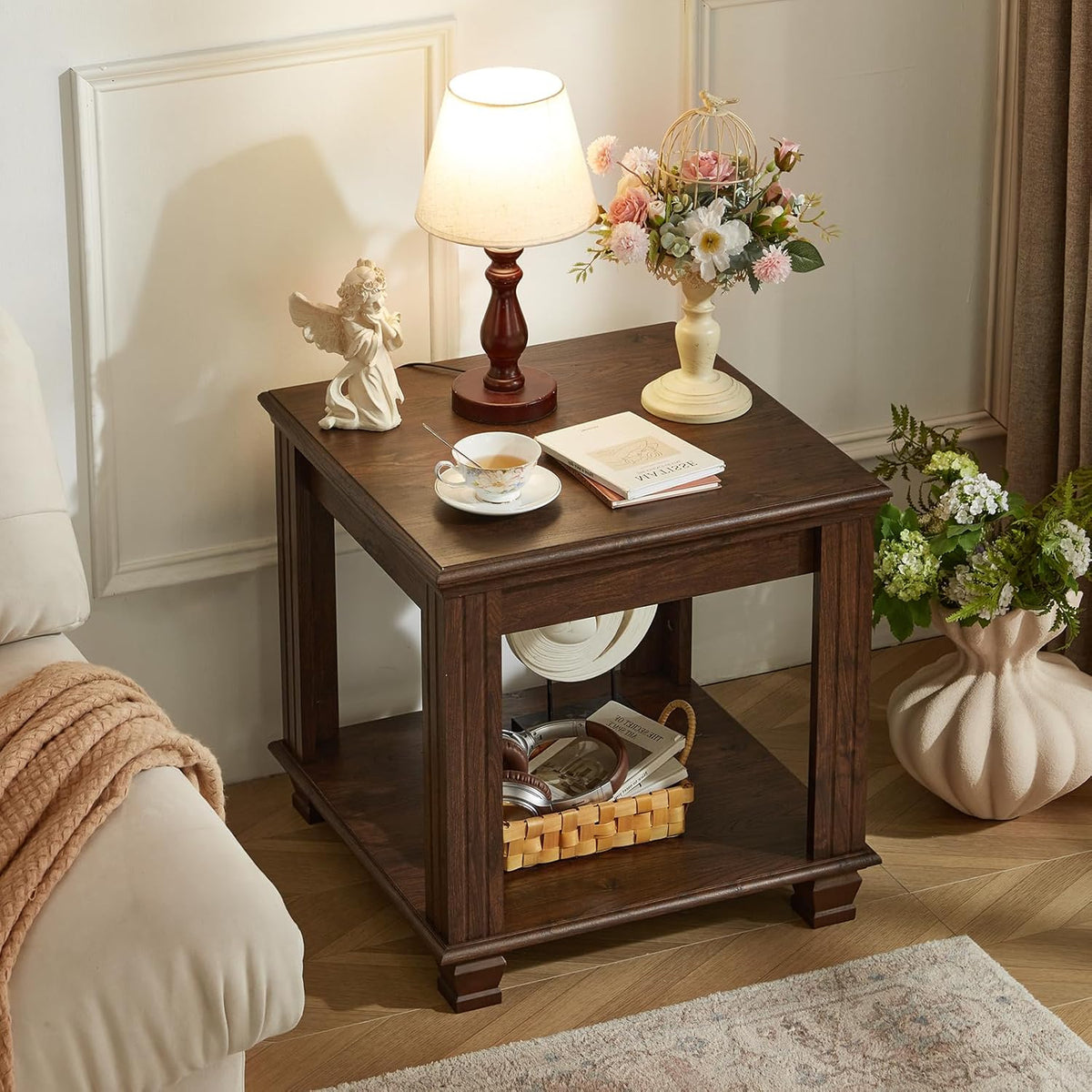 Farmhouse End Table,Large Side Table with 2-Tier Storage Shelf,Rustic Brown End Tables for Living