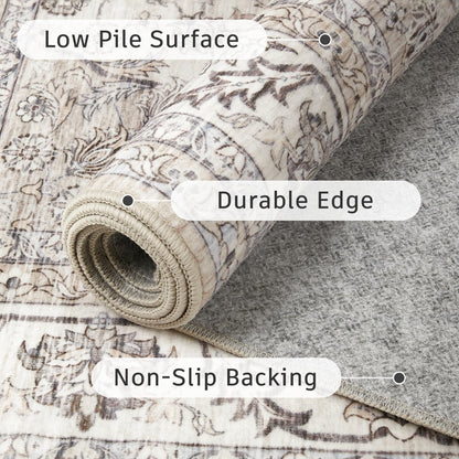 DCX Machine Washable Brown and Beige Area Rug 8x10, Non Slip Stain Resistant Vintage Floral Rug for