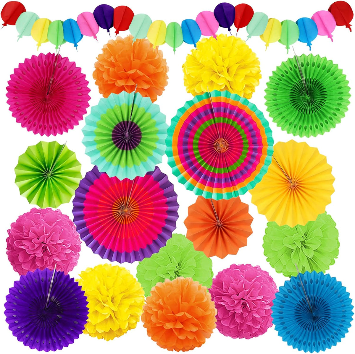 Fiesta Party Decorations, Multicolored Paper Pompoms Fan Garlands for Mexican Party Cinco De Mayo