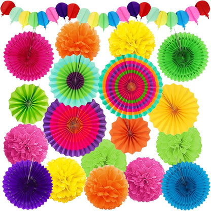 Fiesta Party Decorations, Multicolored Paper Pompoms Fan Garlands for Mexican Party Cinco De Mayo