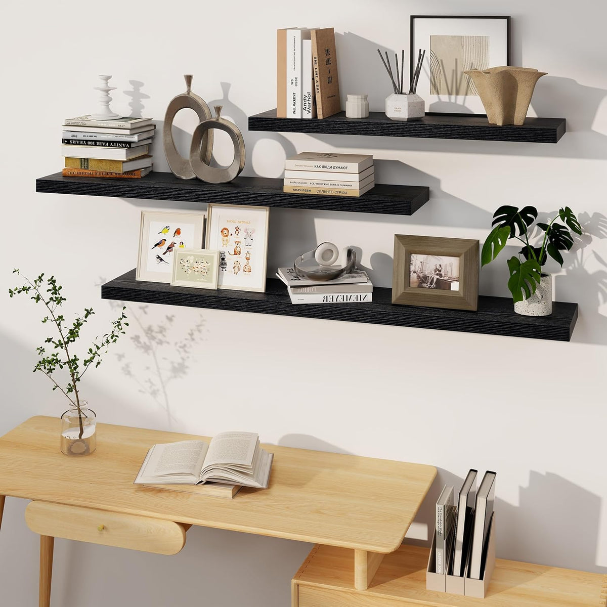 Black Floating Shelves 48 Inch Long, 8 Deep Floating Shelves for Wall, Rustic 48" Long Fireplace