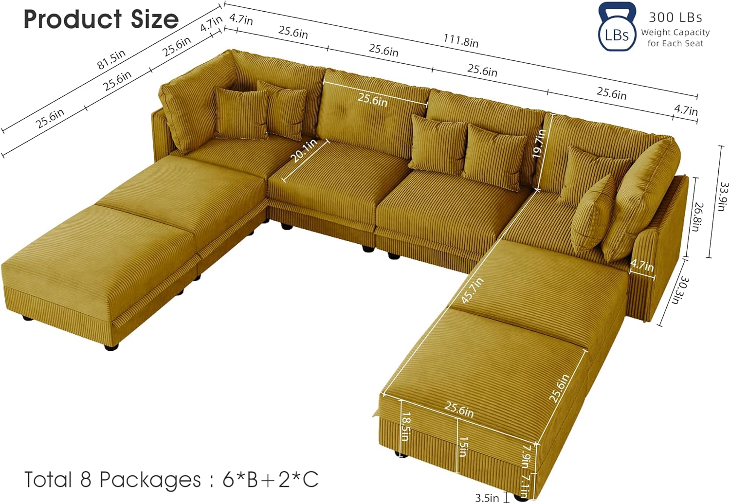 LLappuil Modular Sectional Sofa with Storage Seats, Corduroy Convertible Modular U Shaped Sectional