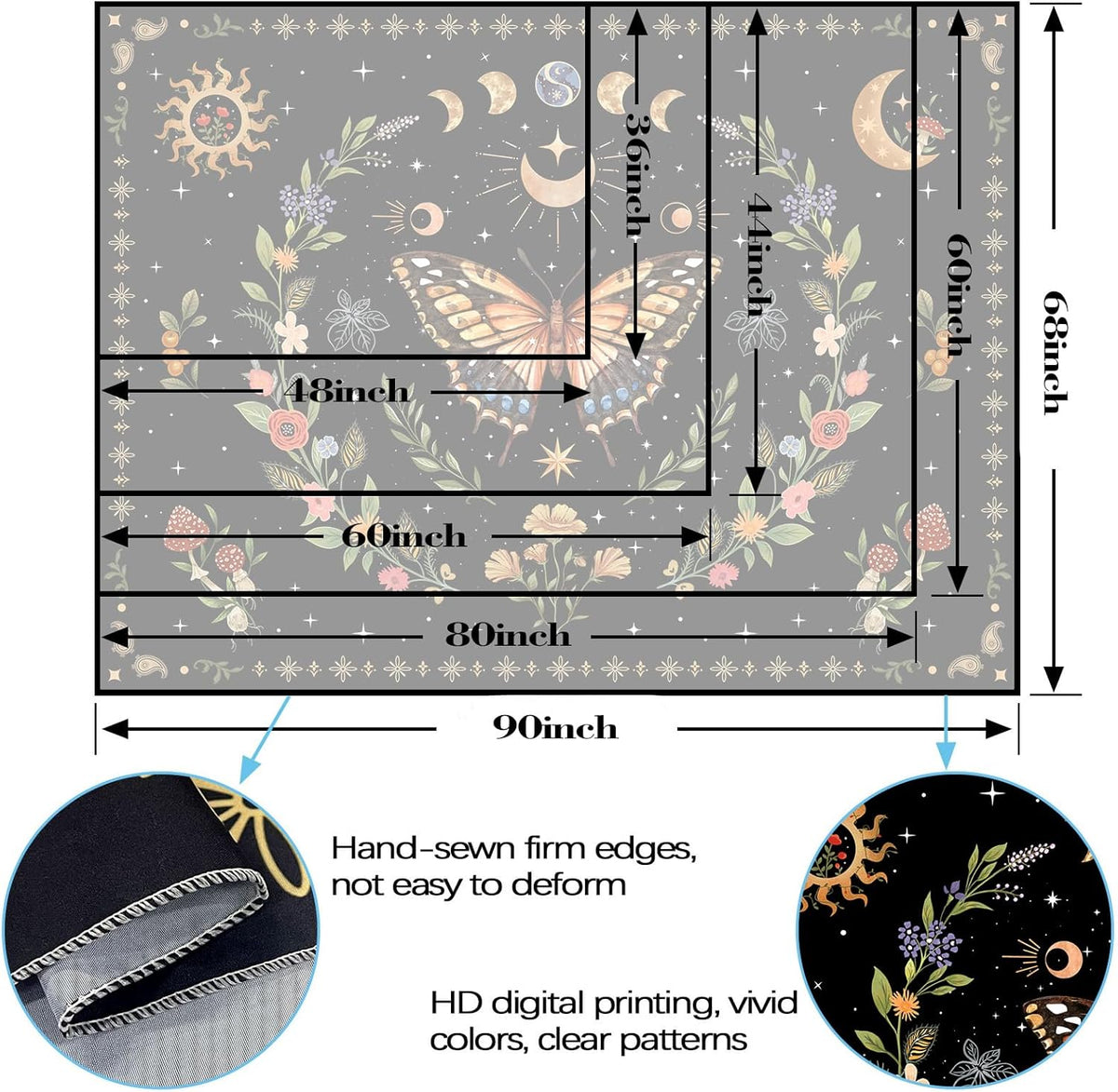Lunerfex Boho Butterfly Tapestry Flower Moon Wall Tapestry, Moon Phases Tapestries for Bedroom Cute