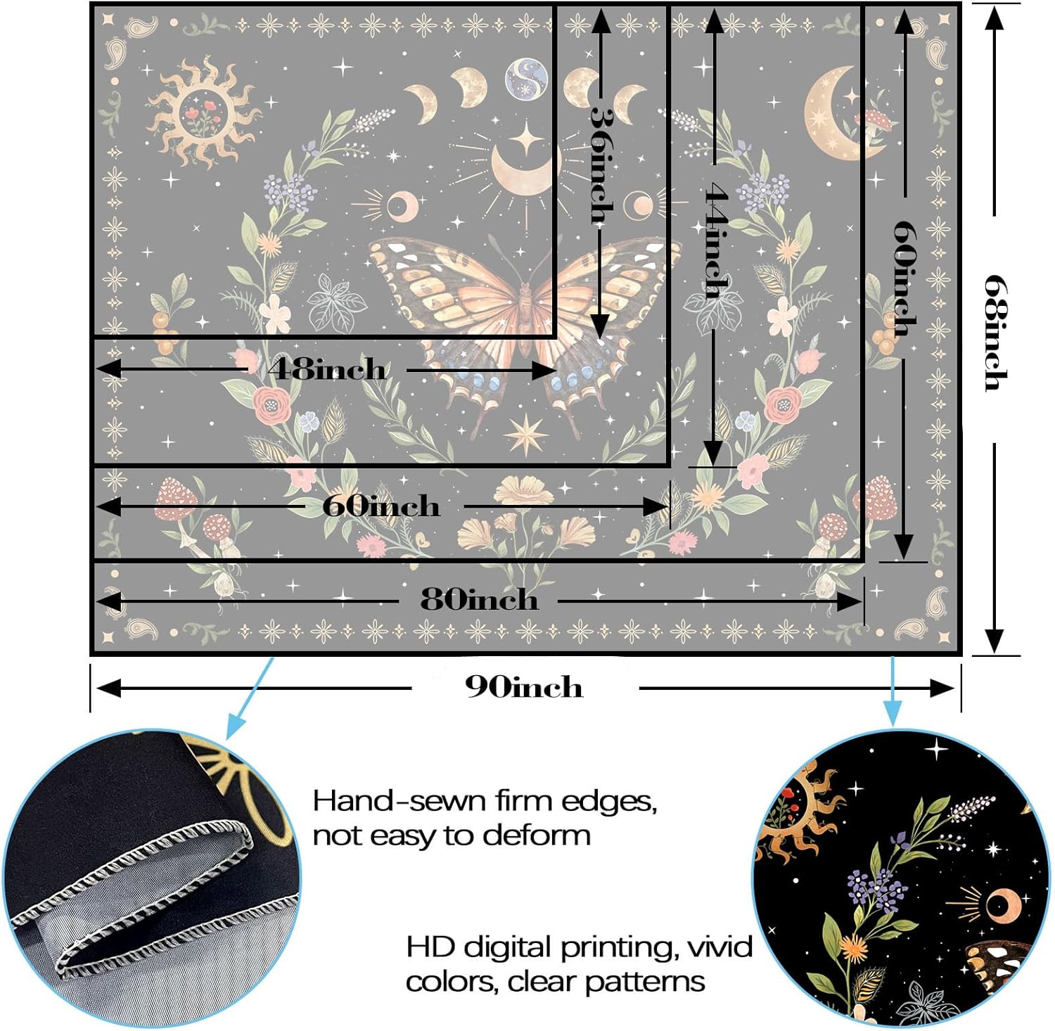 Lunerfex Boho Butterfly Tapestry Flower Moon Wall Tapestry, Moon Phases Tapestries for Bedroom Cute