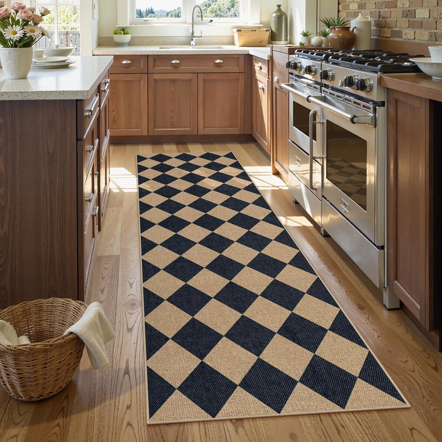 Lahome Checkered Easy Jute Runner Rug, 2x8 Hallway Kitchen Runner Rug Non Slip Washable Outdoor