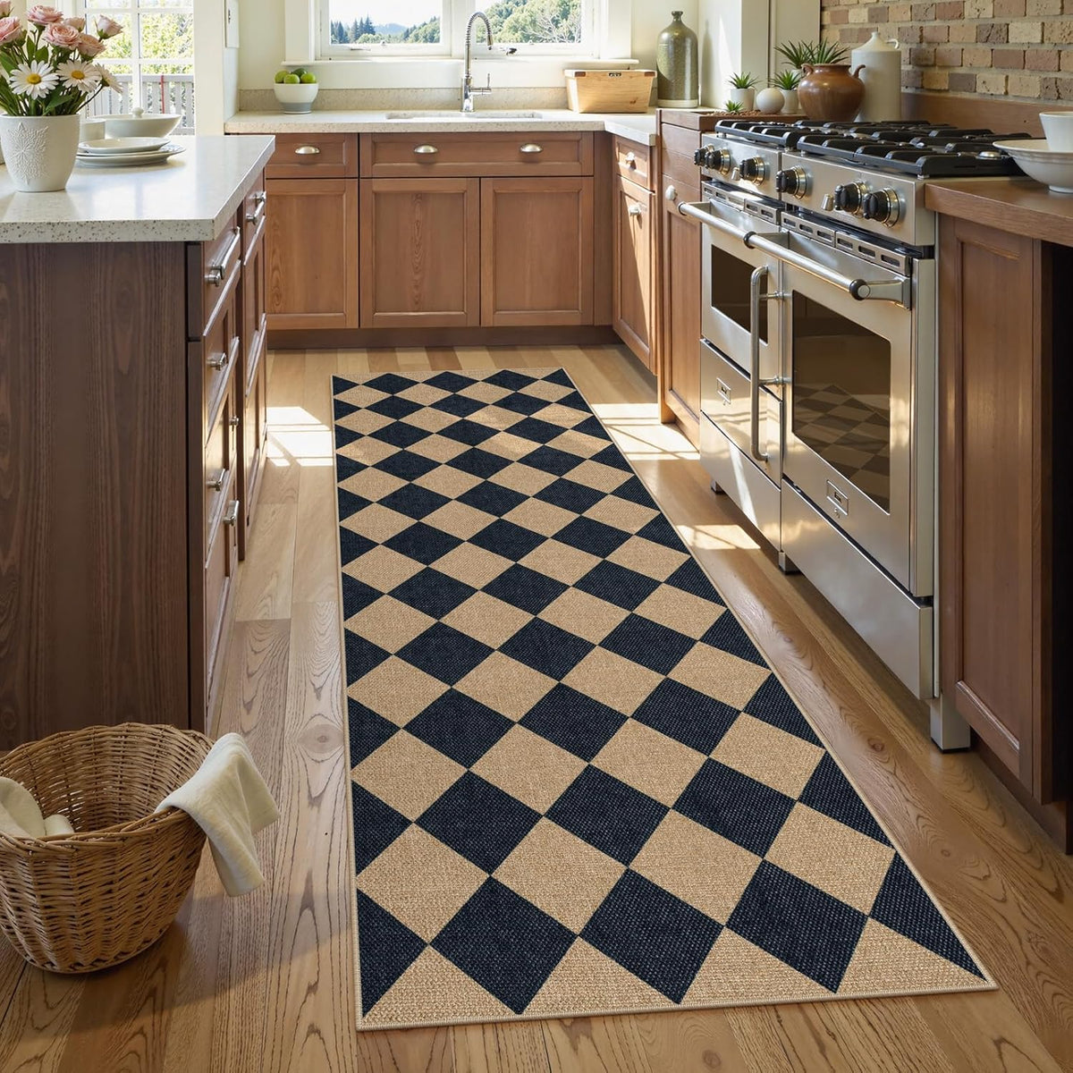 Lahome Checkered Easy Jute Runner Rug, 2x8 Hallway Kitchen Runner Rug Non Slip Washable Outdoor