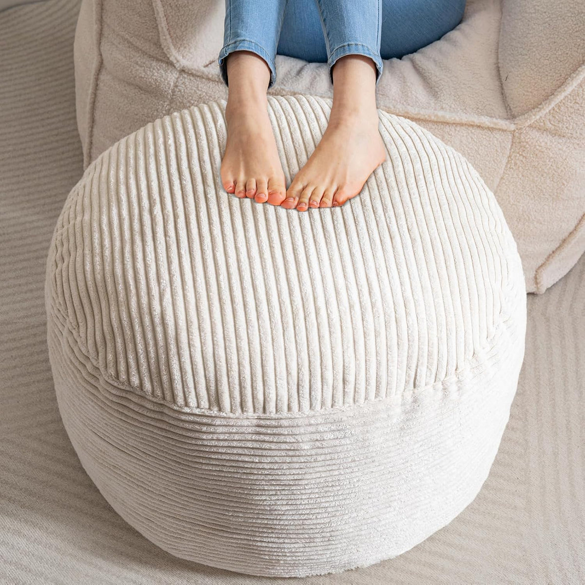 HIGOGOGO Round Stuffed Pouf Ottoman, Corduroy Poufs with Foam Chunk Filling, Furry and Fluffy Pouf