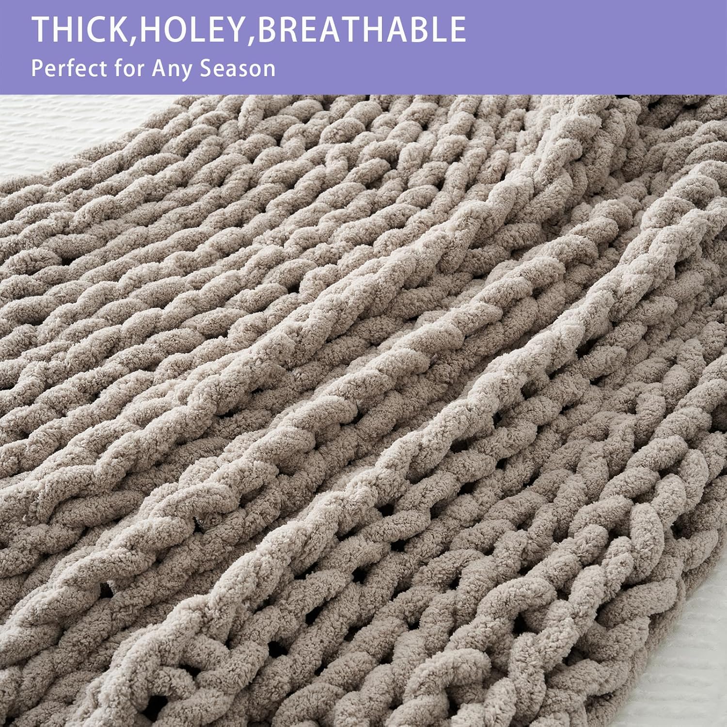 Bigacogo Chunky Knit Throw Blanket for Couch, 40x40 inches, 100% Hand Knitted with Thick Jumbo