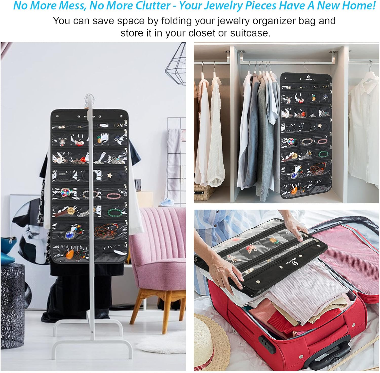 Freegrace Hanging Jewelry Organizer Revolving Hanger - Secure Zipper Closure - 25 Pockets,23 Hooks