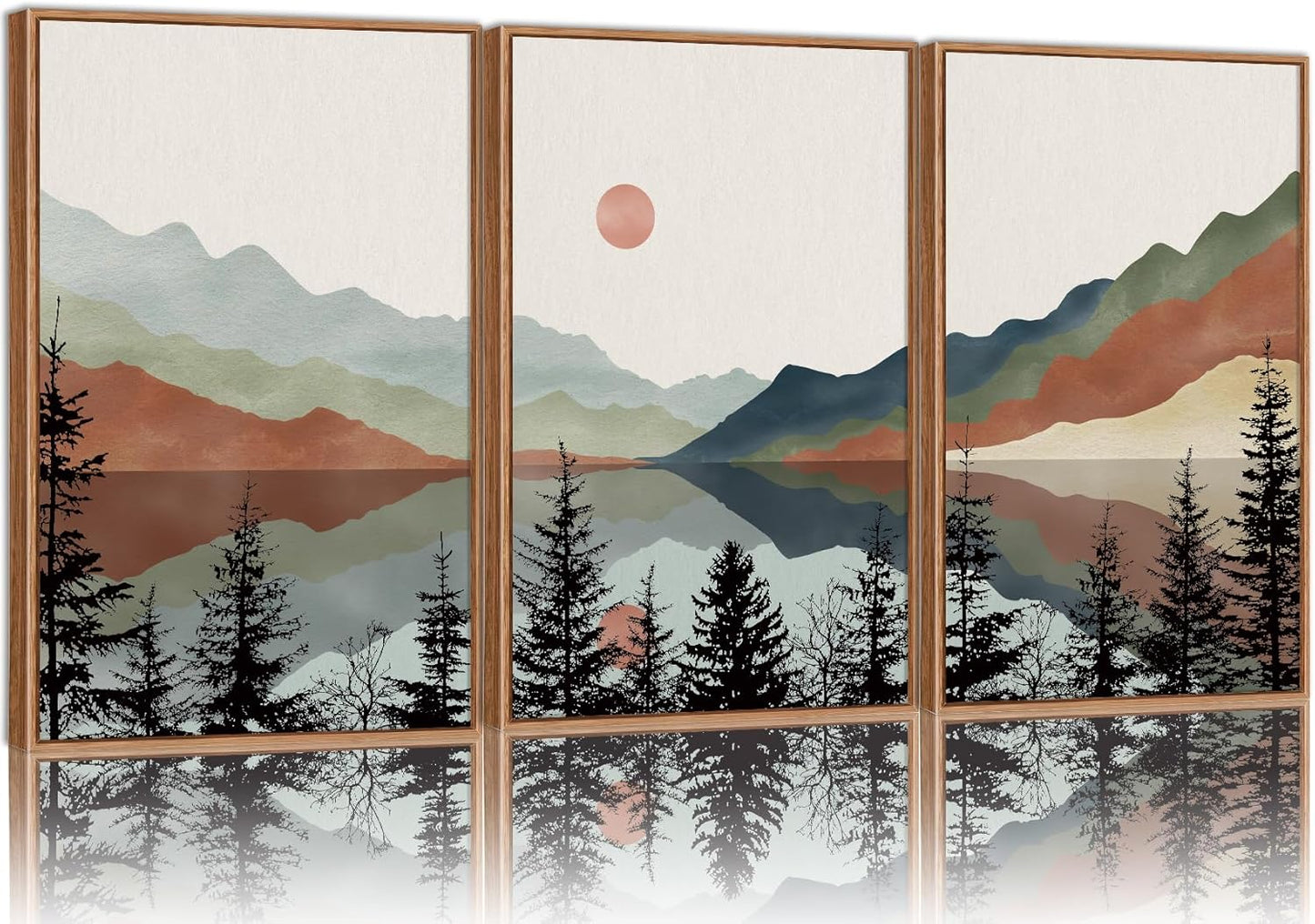 Tinonedraw Boho Mountain Framed Canvas Wall Art Set, Watercolor Nature Landscape Wall Decor, Black