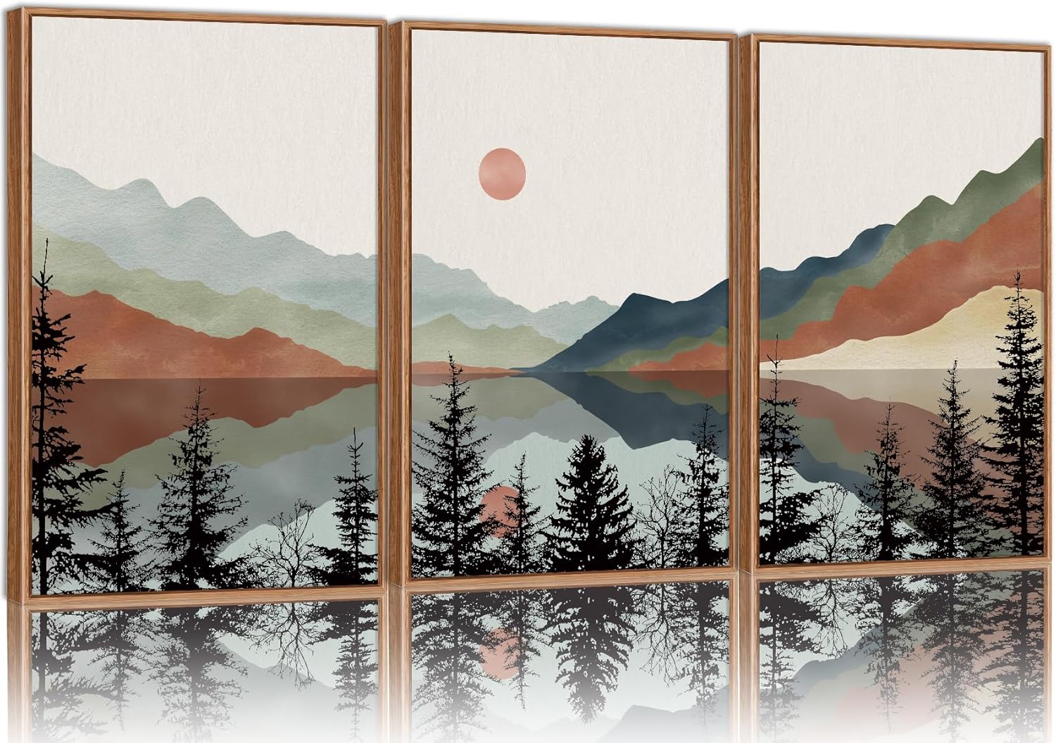 Tinonedraw Boho Mountain Framed Canvas Wall Art Set, Watercolor Nature Landscape Wall Decor, Black
