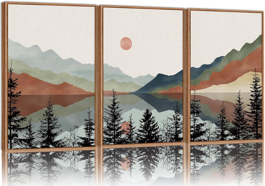 Tinonedraw Boho Mountain Framed Canvas Wall Art Set, Watercolor Nature Landscape Wall Decor, Black