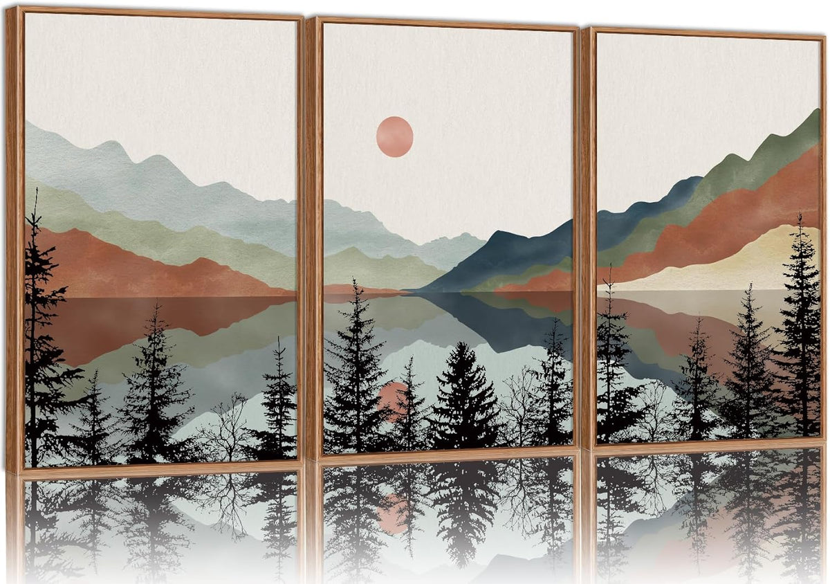 Tinonedraw Boho Mountain Framed Canvas Wall Art Set, Watercolor Nature Landscape Wall Decor, Black