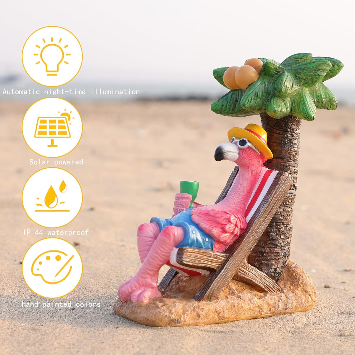 Pink Flamingos for Yard-Solar Garden Statues Gifts - Flamingos on Beach Vacation Light up Coconut