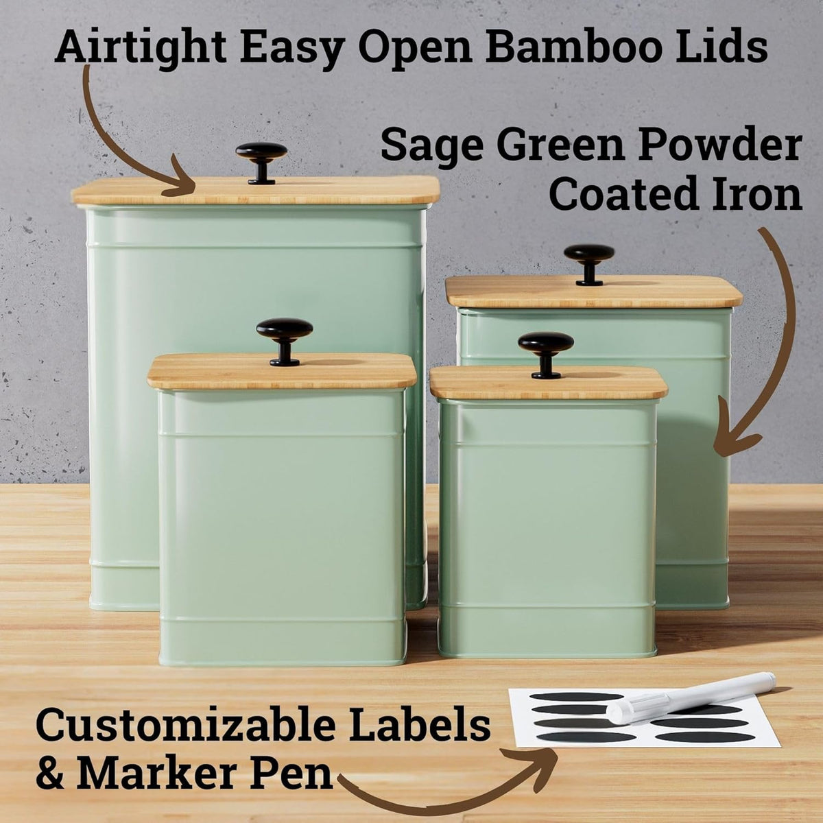 Kitchen Canisters for Countertop Set of 4 with Customizable Chalkboard Labels & Marker Pen - Big
