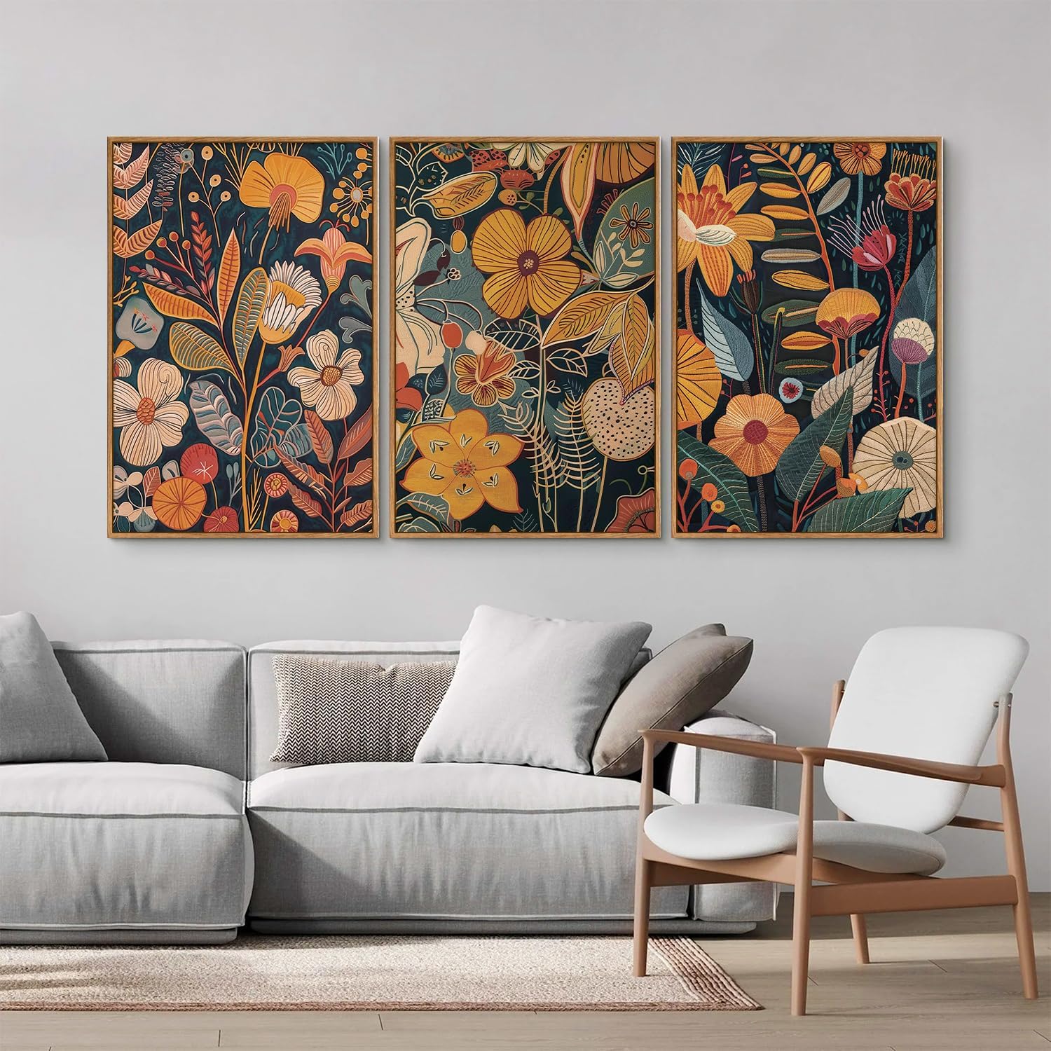 SIGNINART Orange Floral Framed Canvas Wall Art Set of 3, Mid Century Modern Flower Wall Decor
