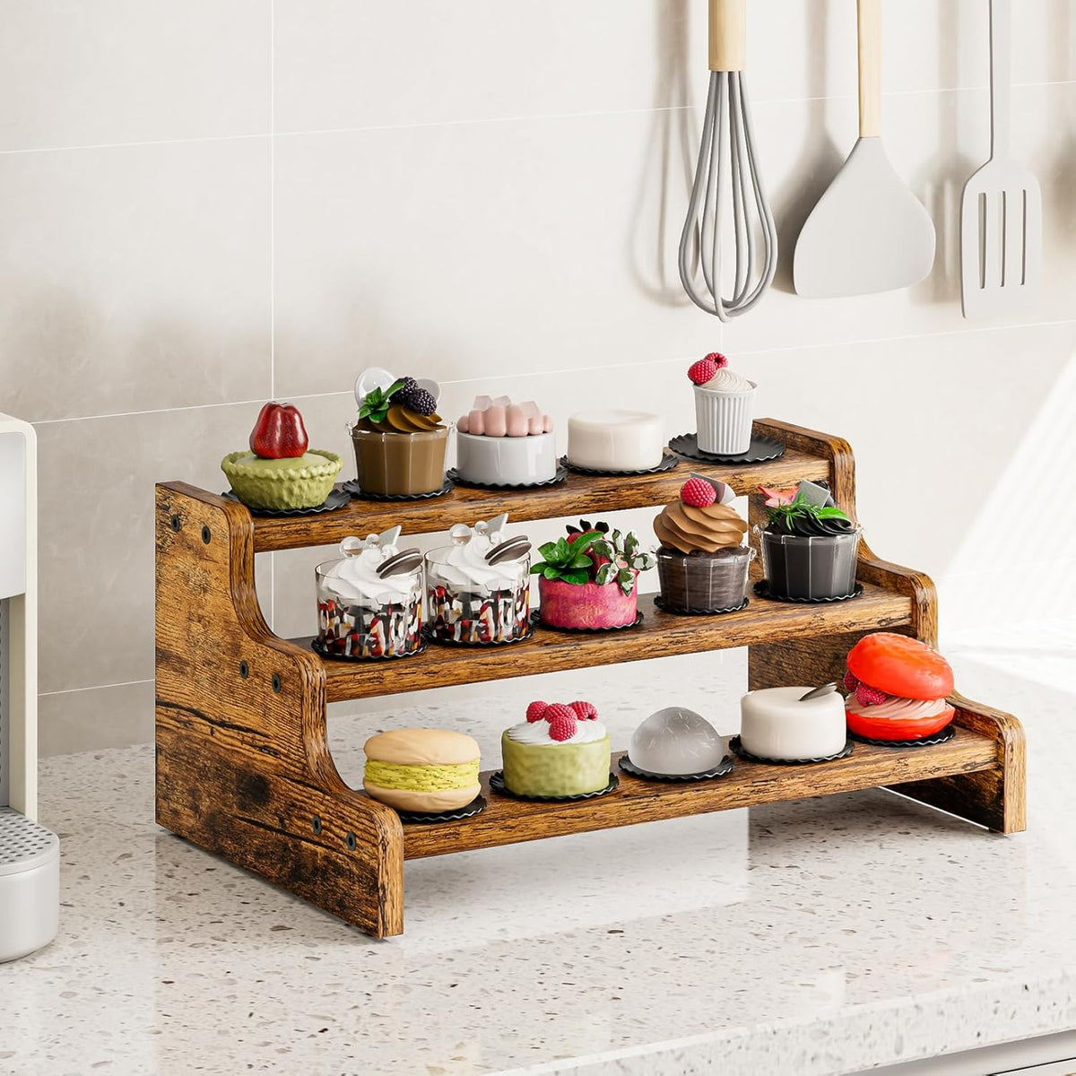 KLM 3-Tier Spice Rack, 13.8 Inch Wood Step Shelf Countertop Spice Storage Holder, Kitchen Pantry