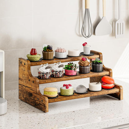 KLM 3-Tier Spice Rack, 13.8 Inch Wood Step Shelf Countertop Spice Storage Holder, Kitchen Pantry