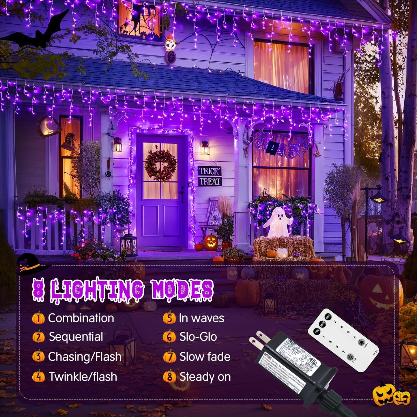 JMEXSUSS Purple Halloween Lights Outdoor, 800 LED Purple Icicle Lights Outdoor Waterproof, 8 Modes
