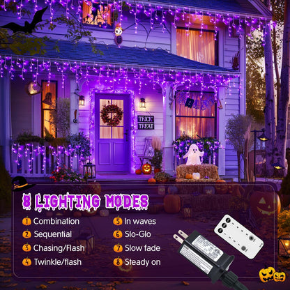 JMEXSUSS Purple Halloween Icicle Lights, 38.8 FT 400 LED Icicle Light Outdoor Waterproof, 8 Modes