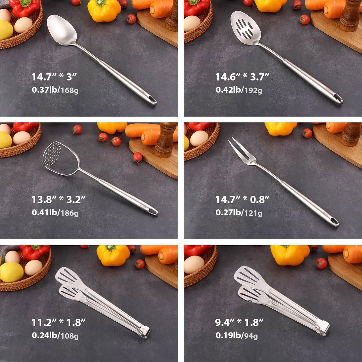 18/10 Stainless Steel Kitchen Utensils Set - 12 PCS All Metal Cooking Tools & 15″ Serving Utensils
