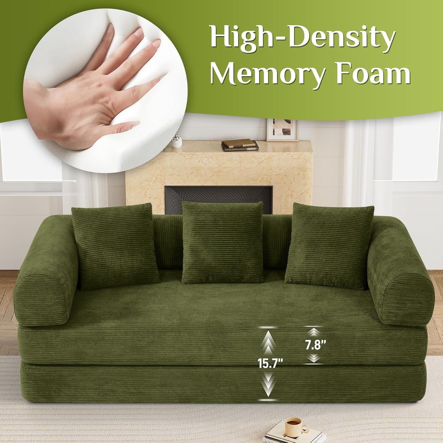 80.3" Convertible Sleeper Sofa Bed with Cylindrical Pillow, Corduroy Folding Mattress Couch with