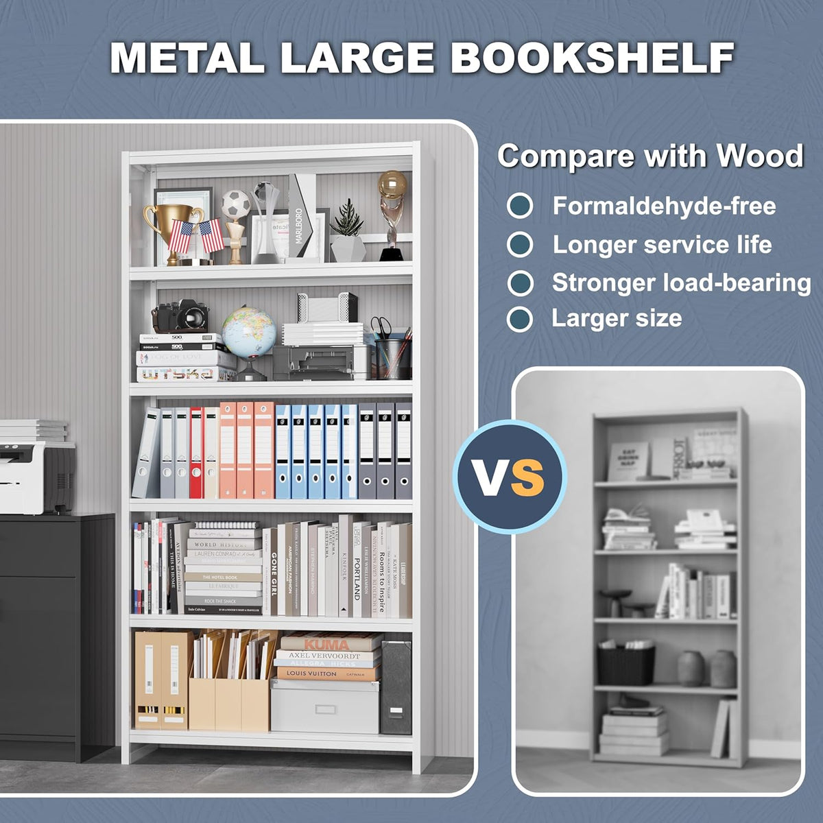 69" Tall Bookcase, 5-Tier Wide Bookshelf, Library Book Case with Display Shelf, Lightweight Metal